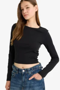 DeFacto Fitted Basic Plain Rib Long Sleeve T-Shirt - Image 4