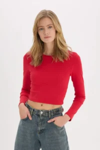 DeFacto Fitted Basic Plain Rib Long Sleeve Red T-Shirt