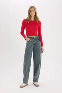 DeFacto Fitted Basic Plain Rib Long Sleeve Red T-Shirt - Image 2
