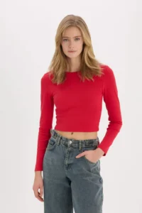 DeFacto Fitted Basic Plain Rib Long Sleeve Red T-Shirt - Image 3