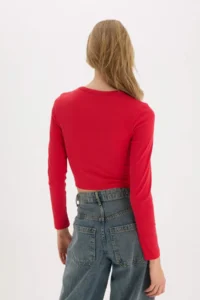 DeFacto Fitted Basic Plain Rib Long Sleeve Red T-Shirt - Image 5