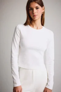 DeFacto Fitted Basic Plain Rib Long Sleeve White T-Shirt - Image 3