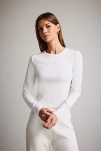 DeFacto Fitted Basic Plain Rib Long Sleeve White T-Shirt - Image 4