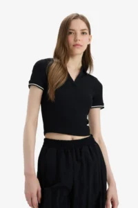 DeFacto Fitted Polo Neck Basic PLAIN Ribbed Camisole Short Sleeve T-Shirt - Image 3
