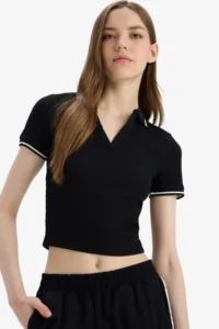 DeFacto Fitted Polo Neck Basic PLAIN Ribbed Camisole Short Sleeve T-Shirt - Image 4