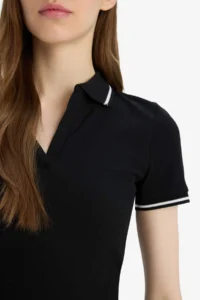 DeFacto Fitted Polo Neck Basic PLAIN Ribbed Camisole Short Sleeve T-Shirt - Image 5