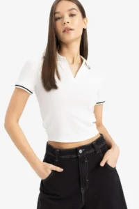 DeFacto Fitted Polo Neck Ribbed Camisole Short Sleeve T-Shirt - Image 3