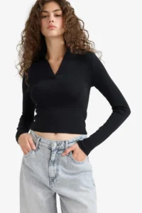 DeFacto Fitted Polo Neck Basic Plain Modal Long Sleeve Black T-Shirt - Image 3