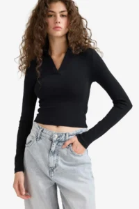 DeFacto Fitted Polo Neck Basic Plain Modal Long Sleeve Black T-Shirt - Image 4