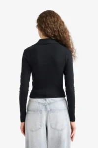 DeFacto Fitted Polo Neck Basic Plain Modal Long Sleeve Black T-Shirt - Image 5