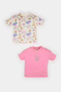 DeFacto Crew Neck Printed Combed Cotton 2-Piece Short Sleeve T-Shirt Baby Girl Newborn