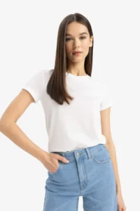 DeFacto Fitted Crew Neck Basic Plain Short Sleeve White T-Shirt