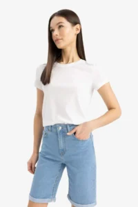 DeFacto Fitted Crew Neck Basic Plain Short Sleeve White T-Shirt - Image 3