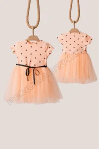 penu baby kids Salmon Polka Dot Detailed Short Sleeve Baby Girl Dress - Image 5