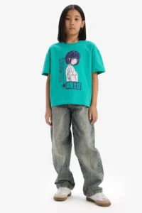 DeFacto Oversize Wide Fit Crew Neck Printed Short Sleeve T-Shirt Girl Child - Image 2