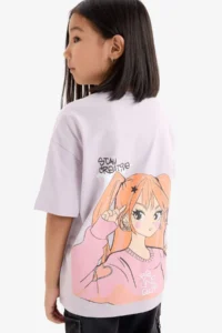 DeFacto Oversize Wide Fit Crew Neck Back Printed Short Sleeve T-Shirt Girl Child