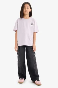 DeFacto Oversize Wide Fit Crew Neck Back Printed Short Sleeve T-Shirt Girl Child - Image 2