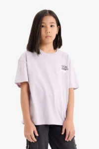 DeFacto Oversize Wide Fit Crew Neck Back Printed Short Sleeve T-Shirt Girl Child - Image 3