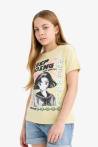 DeFacto Crew Neck Anime Printed Short Sleeve T-Shirt Girls - Image 3