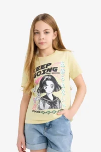 DeFacto Crew Neck Anime Printed Short Sleeve T-Shirt Girls - Image 4