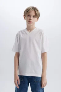 DeFacto Boy's V-Neck Basic Plain Short Sleeve T-Shirt K1693a625sm - Image 3