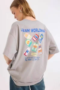 DeFacto Cool Oversize Crew Neck Back Printed Gray Women's T-Shirt E0671AX/GR445 - Image 2