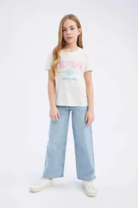 DeFacto Crew Neck Printed Short Sleeve Ecru Girls' T-Shirt D8541A8/ER85 - Image 3