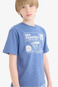 DeFacto Crew Neck Printed Blue Boy's T-Shirt E6309A8/BE341