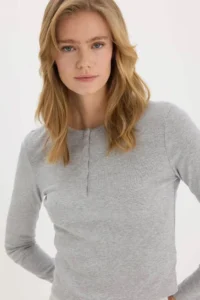 DeFacto Cool Fitted Button Collar Ribbed Gray Women's Long Sleeve T-shirt E7680AX/GR210