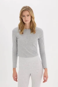 DeFacto Cool Fitted Button Collar Ribbed Gray Women's Long Sleeve T-shirt E7680AX/GR210 - Image 3