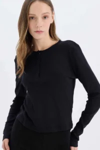 DeFacto Cool Fitted Ribbed Black Women's Long Sleeve T-shirt E7680AX/BK81