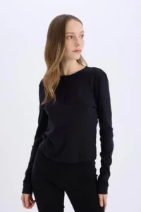 DeFacto Cool Fitted Ribbed Black Women's Long Sleeve T-shirt E7680AX/BK81 - Image 3