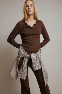 DeFacto Cool Fitted Basic Plain Ribbed Brown Women's Long Sleeve T-shirt E7680AX/BN539 - Image 3
