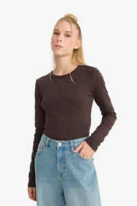 DeFacto Fitted Crew Neck Ribbed Long Sleeve T-Shirt - Image 3