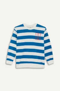 DeFacto Crew Neck Striped Blue - White Boy's Sweatshirt F4694A8/BE539