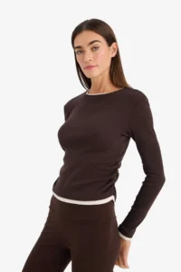 DeFacto Slim Fit Ribbed Brown Women's Long Sleeve T-shirt E6548AX/BN267 - Image 3