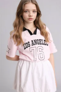 DeFacto Oversize Polo Neck Printed T-Shirt Girl - Image 3