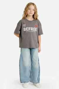 DeFacto Oversize Crew Neck Gray Girls' T-Shirt G1765A8/GR83 - Image 2