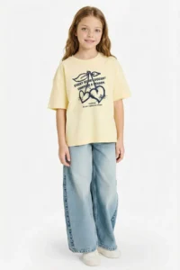 DeFacto Oversize Crew Neck Yellow Girls' T-Shirt G1765A8/YL498 - Image 2