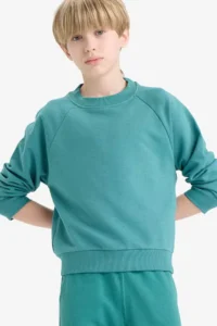 DeFacto Crew Neck Basic Plain School Green Boy's Sweatshirt E8415A8/GN1270