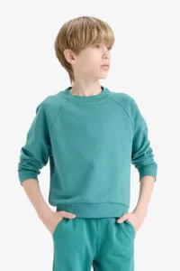 DeFacto Crew Neck Basic Plain School Green Boy's Sweatshirt E8415A8/GN1270 - Image 3