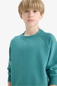 DeFacto Crew Neck Basic Plain School Green Boy's Sweatshirt E8415A8/GN1270 - Image 4
