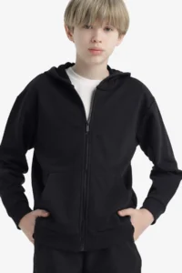 DeFacto Basic Plain Hooded School Zipper Sweatshirt Boy