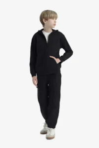 DeFacto Basic Plain Hooded School Zipper Sweatshirt Boy - Image 2