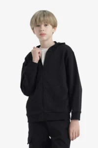 DeFacto Basic Plain Hooded School Zipper Sweatshirt Boy - Image 5