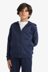 DeFacto Basic Plain Hooded Zippered Sweatshirt Boy - Image 3