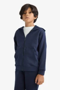 DeFacto Basic Plain Hooded Zippered Sweatshirt Boy - Image 4
