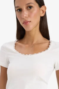DeFacto Fitted Lace Collar Short Sleeve White T-Shirt
