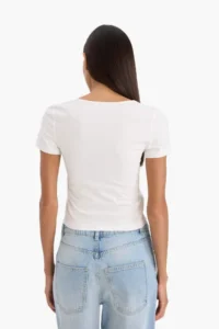 DeFacto Fitted Lace Collar Short Sleeve White T-Shirt - Image 5