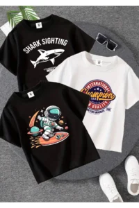 twins tailors Shark Sıghtıng Printed 3-Pack Unisex Black-White Kids T-Shirt